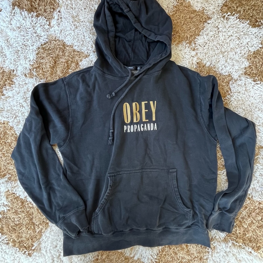 Obey Charcoal Hoodie with Gold Text